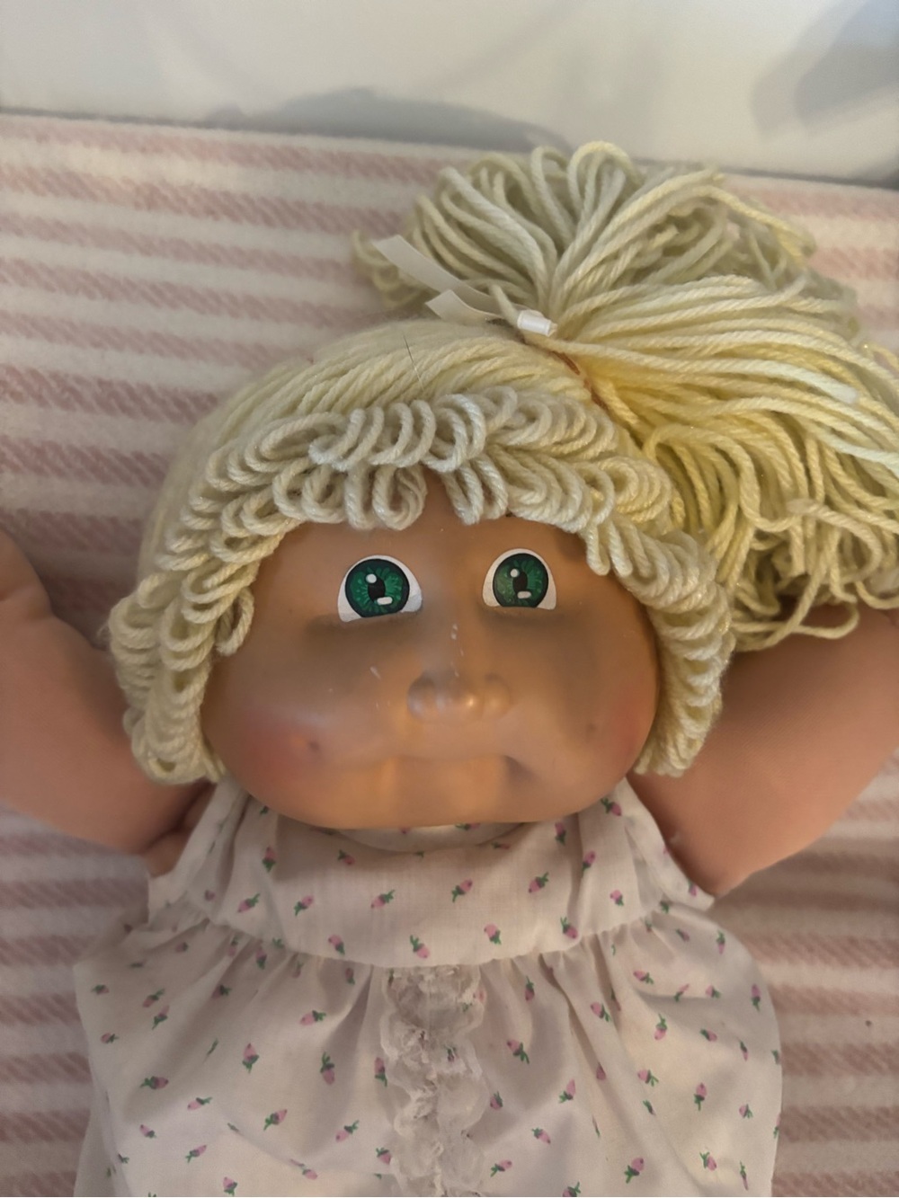 Plush Kids Doll with Cream Yarn Hair and Green Eyes